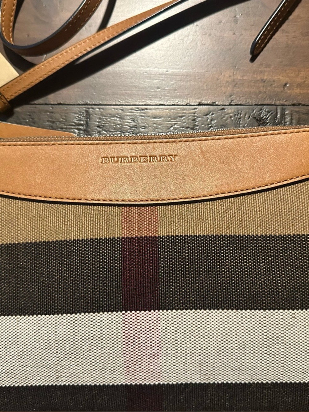 Burberry Tan, Black, Cream and Red Striped Canvas Messenger Bag